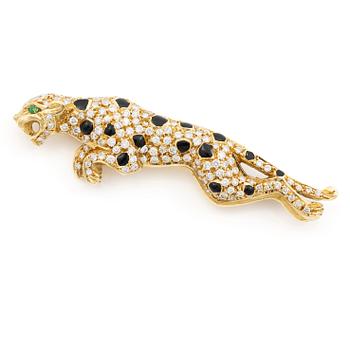 Brosch, i form av panter, 18K guld med briljantslipade diamanter och emalj.