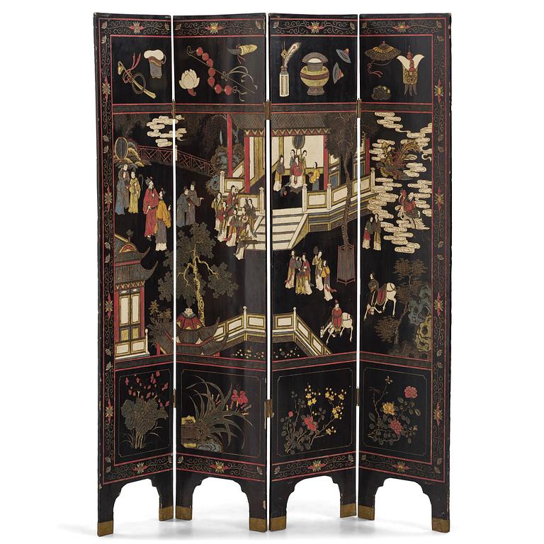 A Chinese four panel lacquer folding screen, first part of the 20th century.