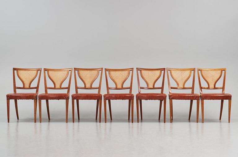 Josef Frank, a set of seven "Linden's dining chairs", model "B 1039", Firma Svenskt Tenn, specially commissioned ca 1940.