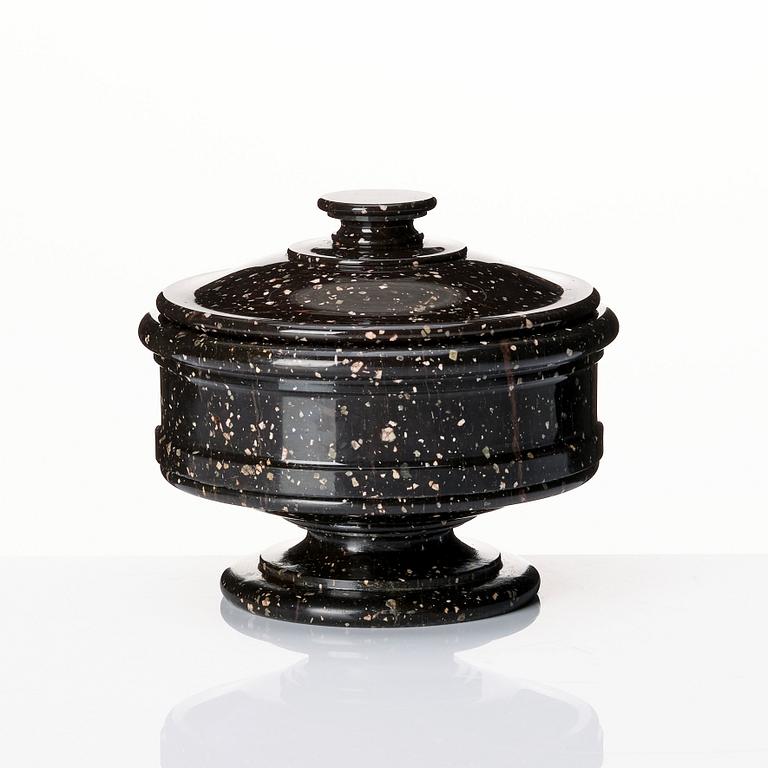 A Swedish Empire porphyry bowl with cover and foot, 19th century.
