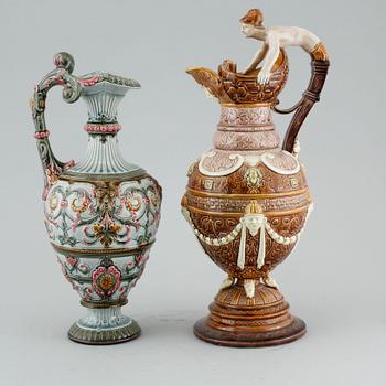 Two majolica jugs from Rörstrand, around the year 1900.