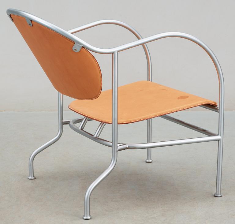 A Mats Theselius 'Sven' steel and light brown leather armchair, Källemo, Sweden.