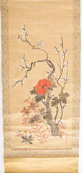 Rullmålningar, två stycken, färg och tusch på papper. Japan, 1900-tal.