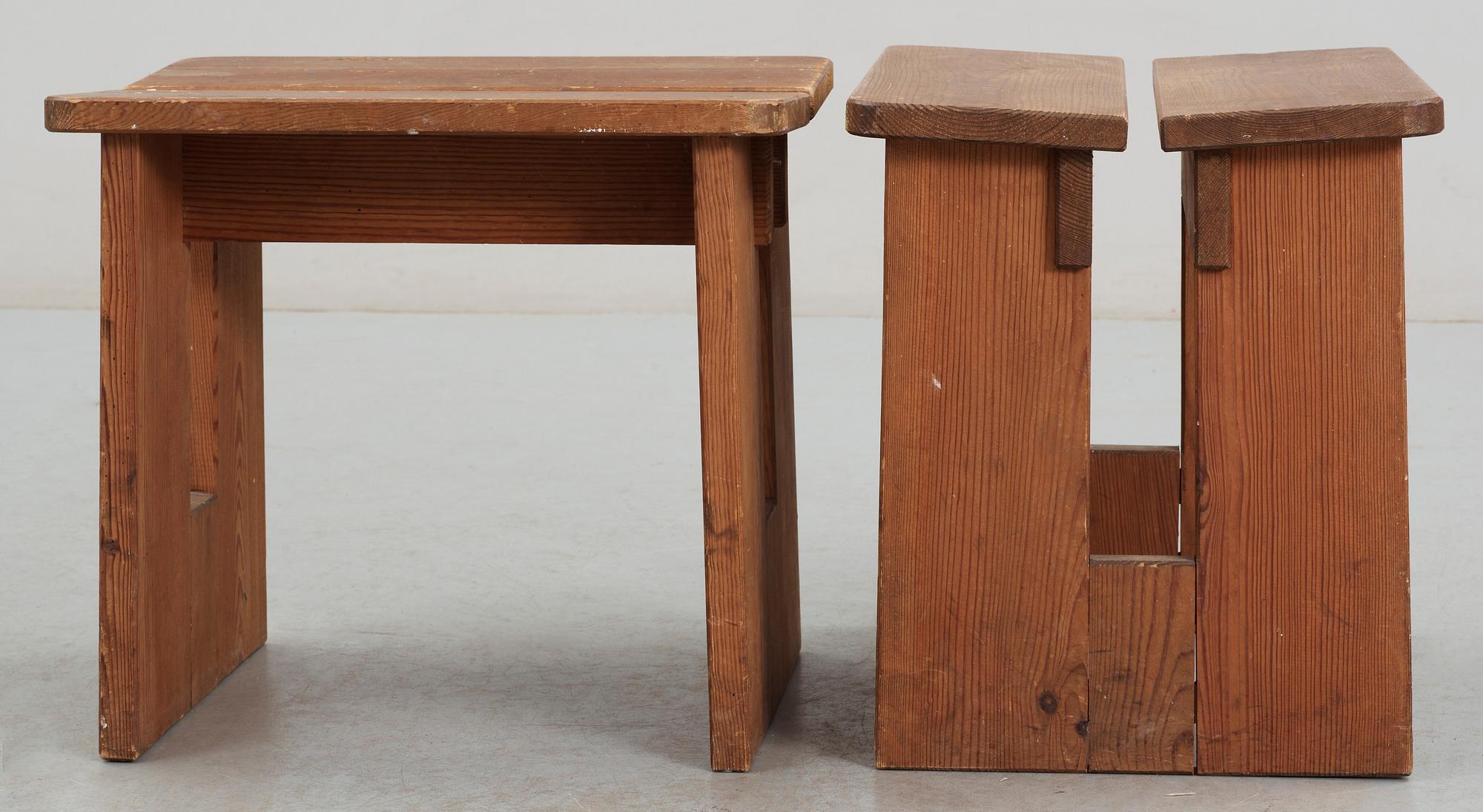 A pair of 'Lovö' pine stools by Axel Einar Hjort, Nordiska Kompaniet, 1930's.