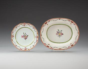 1558. A famille rose serving dish and two dinner plates, Qing dynasty, Qianlong (1736-95).