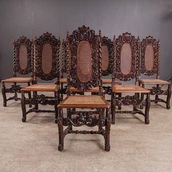 KARMSTOL och STOLAR, 8 st, barockstil, troligen Tyskland 1800-talets slut.