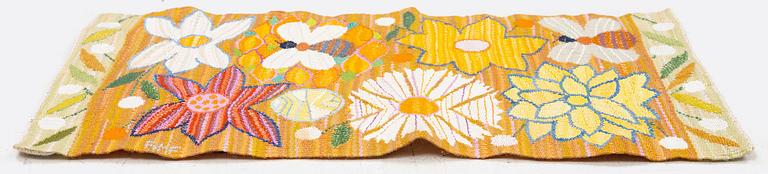 Ann-Mari Forsberg, a textile 'Bilöpare', a tapestry variant, c. 31 x 56 cm, signed AMF.