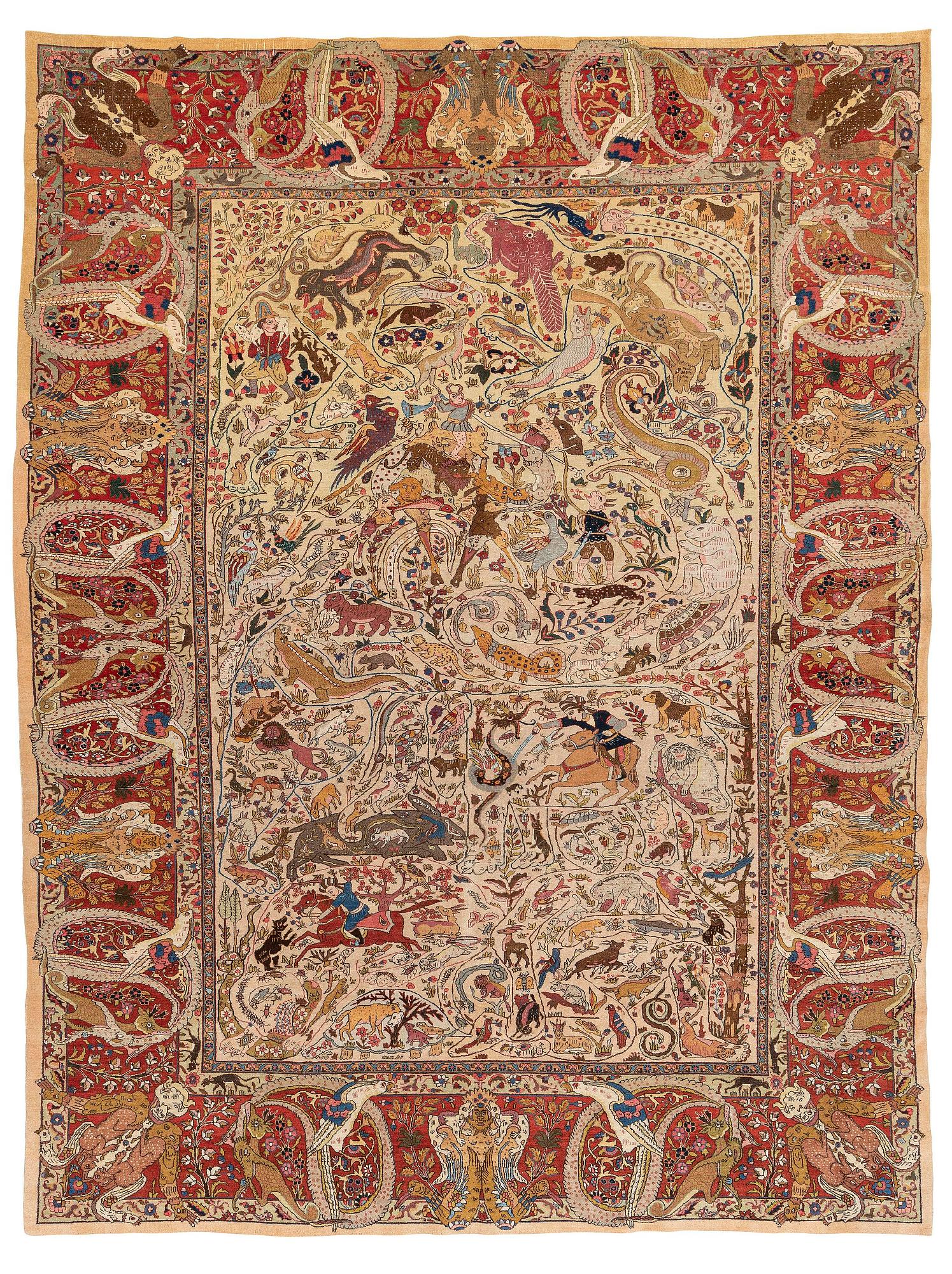 An antique Tabriz catper od 'Safavid Huntig design', Northwest Persia, c. 374 x 286 cm.