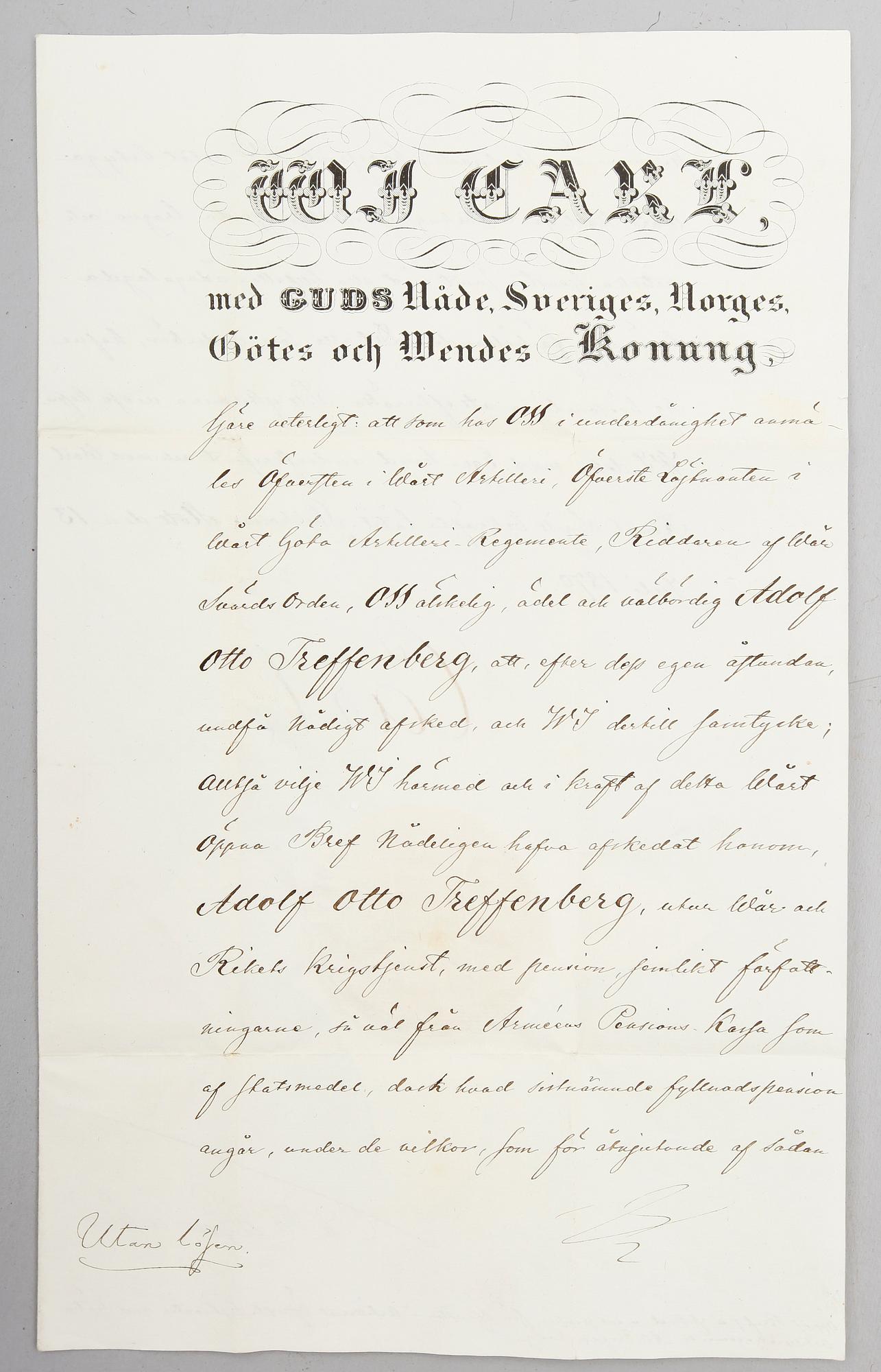 SAMLING MILITÄRA DOKUMENT, bla 3 med Carl XV signatur, 2 med Carl XIV Johans signatur och 3 med Gustaf V signatur.
