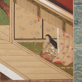 A Japanese six fold screen, Meiji (1868-1912).