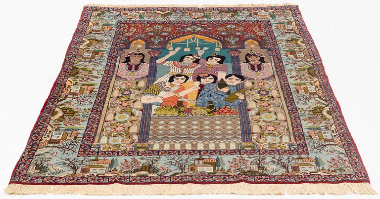 A rug, semi-antique, Tabriz, figural, ca 183 x 137 cm.