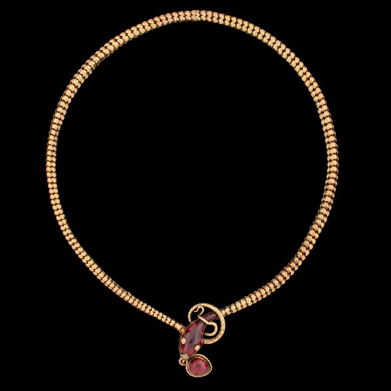 A gold and garnet necklace, in the shape of a snake, 19th century.