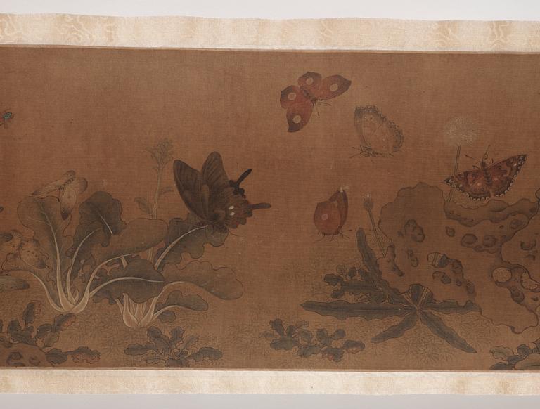 RULLMÅLNING, landskap med fjärilar och insekter i Qian Xuans (1235-1305) efterföljd, Qing dynastin 1800-tal.