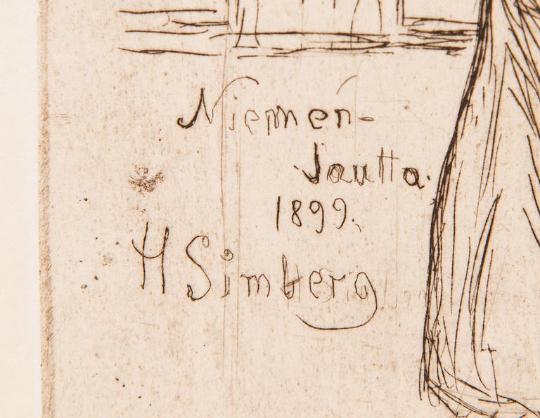Hugo Simberg, linjeetsning, plåtsignerad och märkt "Niemenlautta 1899".