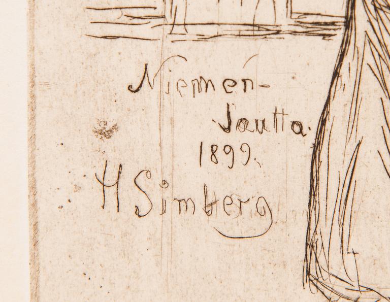 Hugo Simberg, viivasyövytys, laattasigneerattu ja merkattu "Niemenlautta 1899".