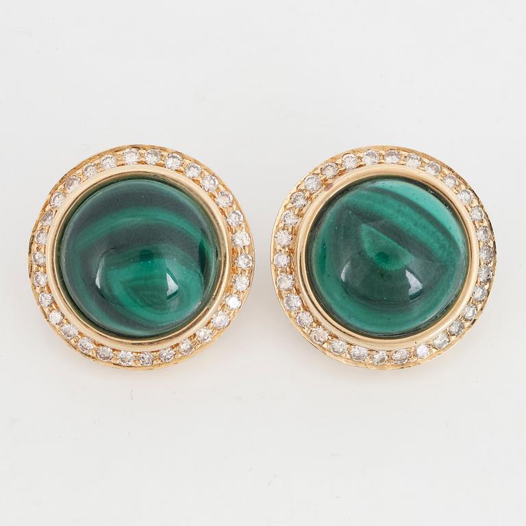 Cabochon cut malachite and brilliant-cut diamond earrings.