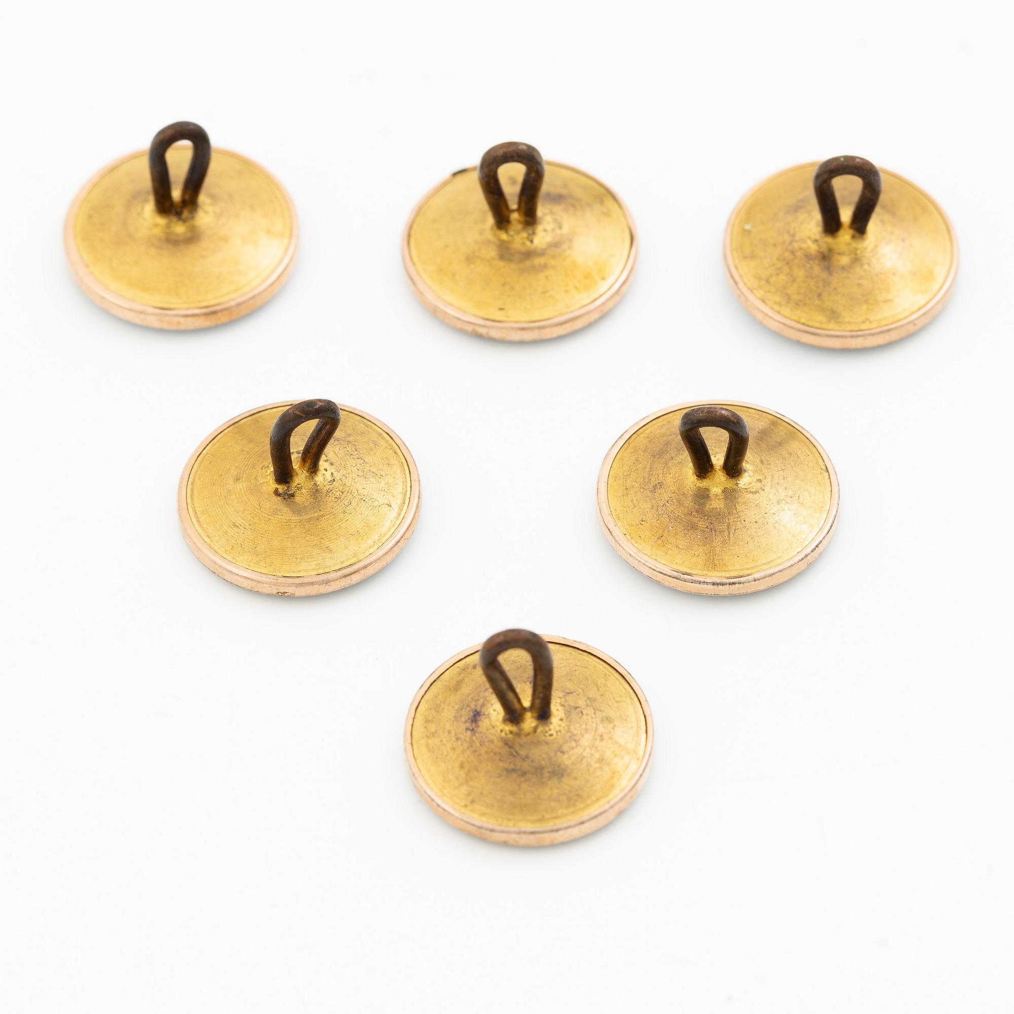 West/shirt buttons, six pieces, gilded with enamel and mother-of-pearl.