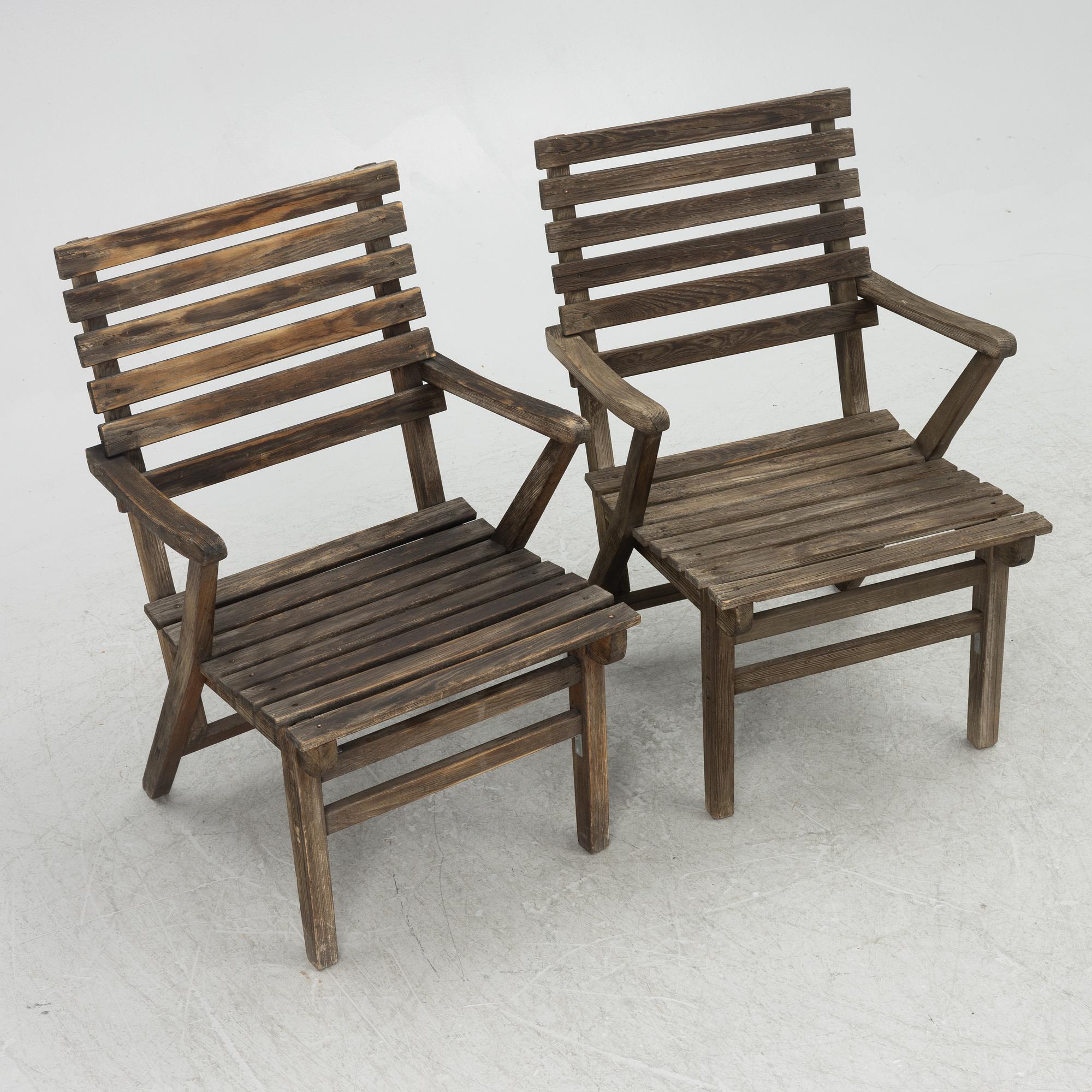 Carl Malmsten, garden furniture, a table and two armchairs. "Bergshamra", second half of the 20th century.