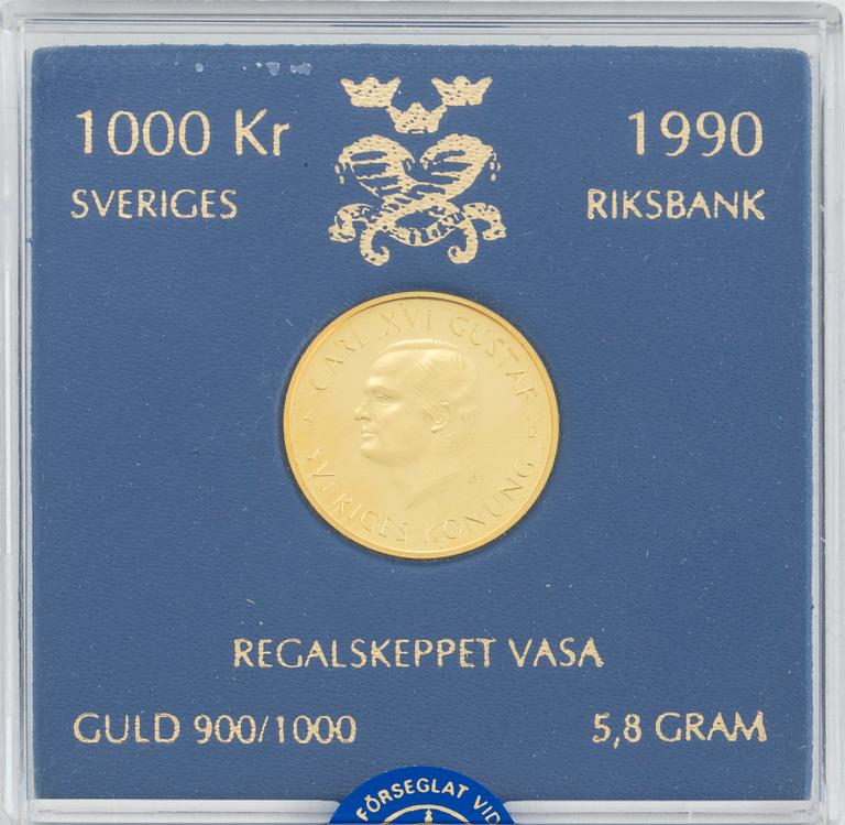 Two Swedish gold coins, 1000 kronor, 1989 and 1990. Weight 5,8 gram (each).