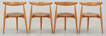 STOLAR, 4 st, "Hjertestolen" Hans J Wegner, Fritz Hansen, Danmark, 1950-tal.