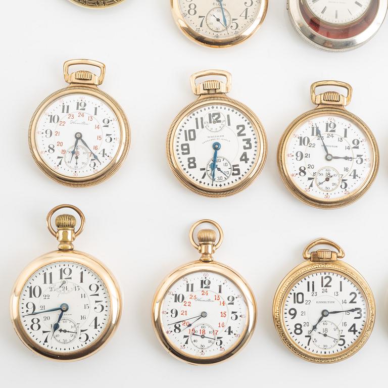 Samling fickur, 18 st, silver/pläterade.