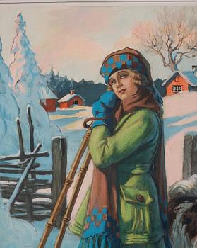 Jenny Nyström, Girl on skis with a dog.