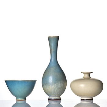 Berndt Friberg, two stoneware vases and a bowl, Gustavsberg studio, Sweden 1955, 1978 and 1979.