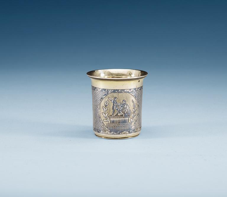 A RUSSIAN SILVER-GILT AND NIELLO BEAKER, un identified makers mark, Moscow 1835. Monument with Minin and Pozharsky.