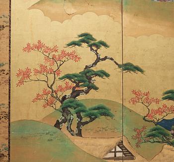 A pair of Japanese six panel screens, Edo period, 19th Century.