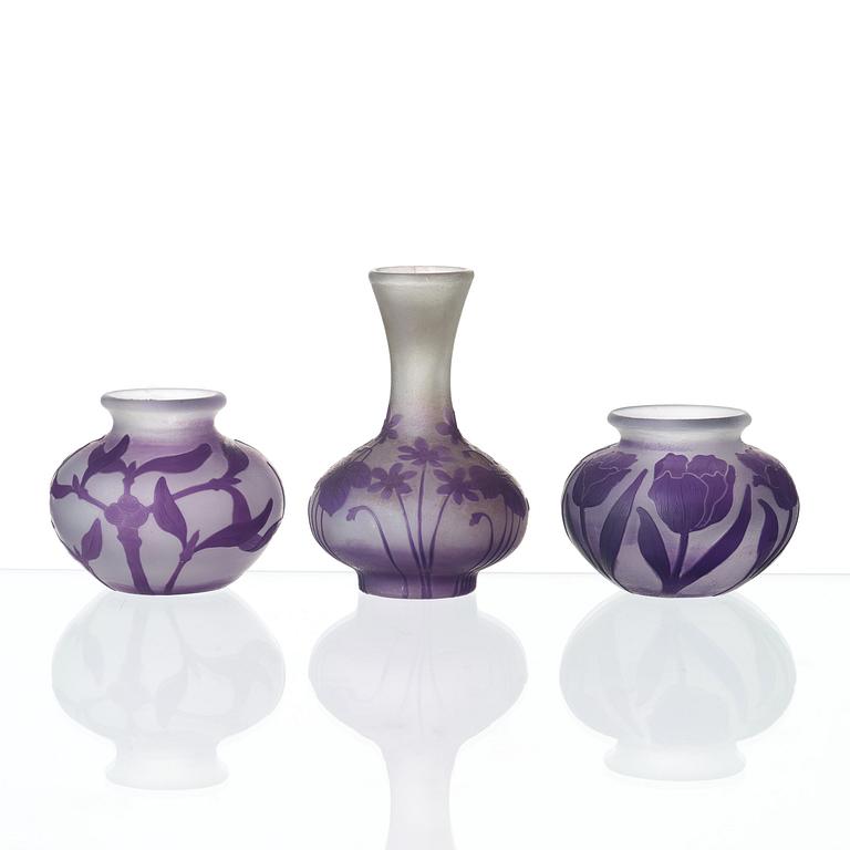 Karl Lindeberg, a set of three Art Nouveau cameo glass vases, Kosta.