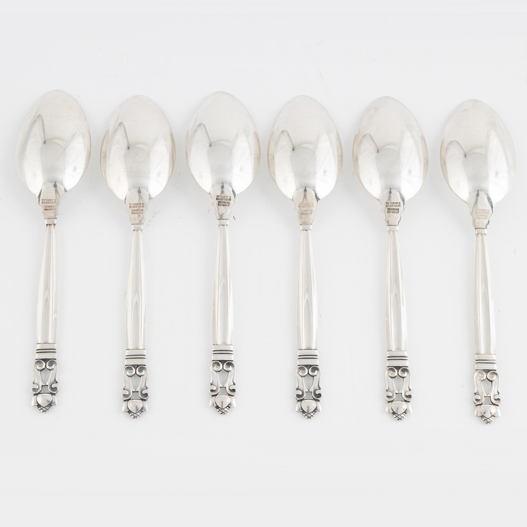 Johan Rodhe, six sterling silver spoons, 'Konge/Acorn', Georg Jensen, Denmark.