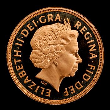 GULDMYNT, finguld, sovereign, Elizabeth II, 2005. Vikt ca 8 g.