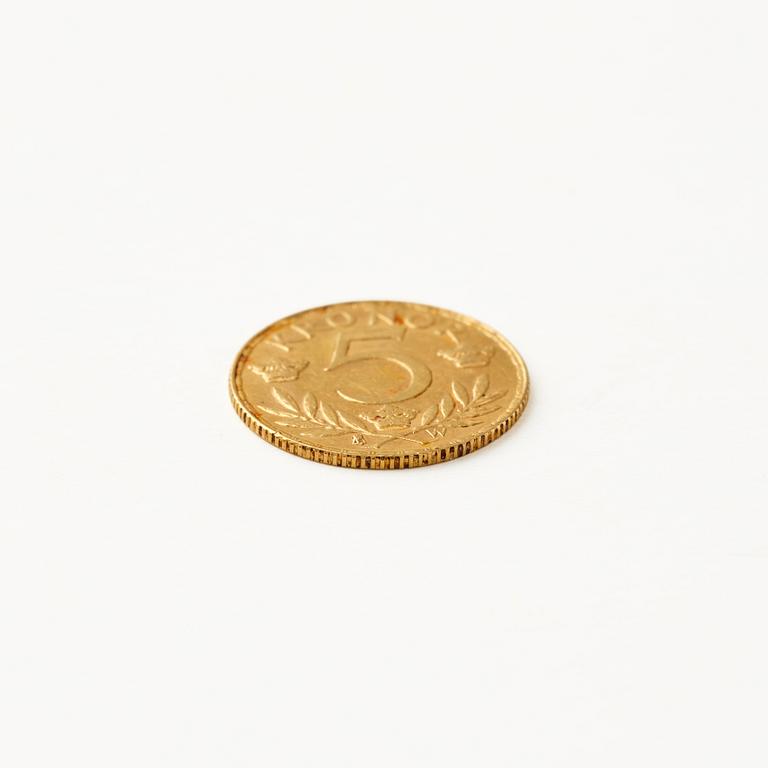 Gold  coin, Gustav V, Sweden, 5 kronor, 1920.