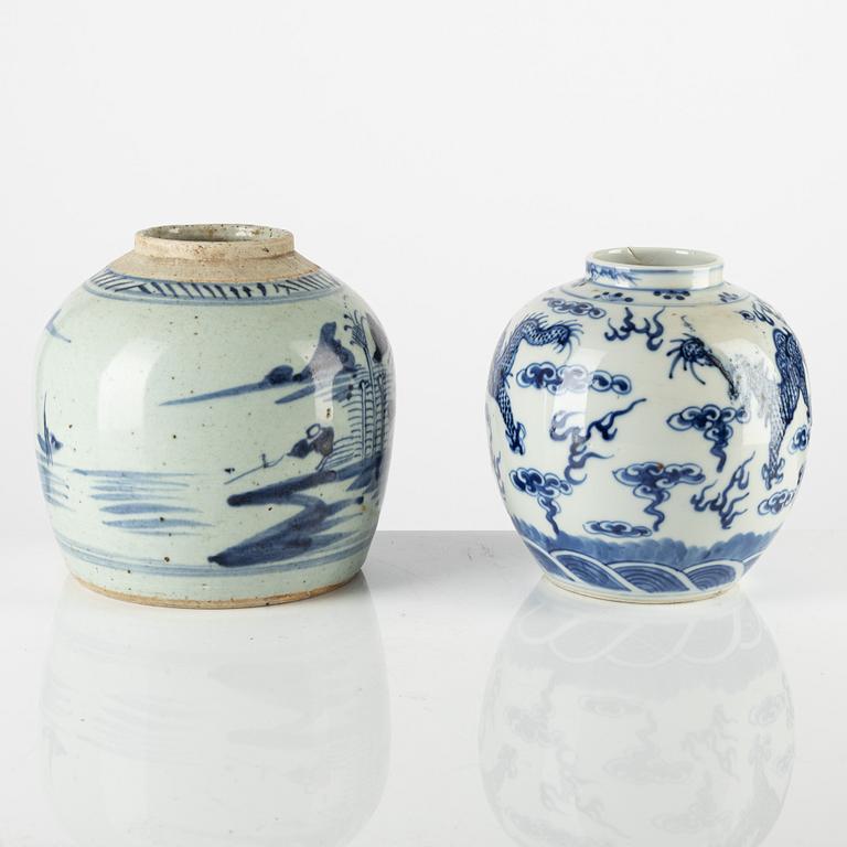 Two blue and white urns and a Canton box with cover, China, 19th century.