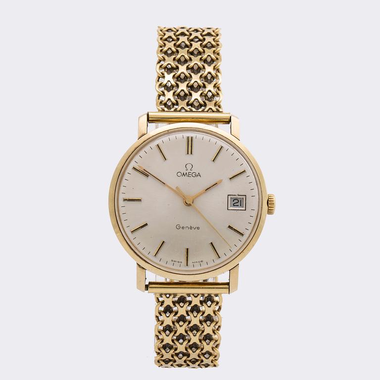 An Omega Genève 14K gold wrist watch, bracelet 18K, 34 mm.