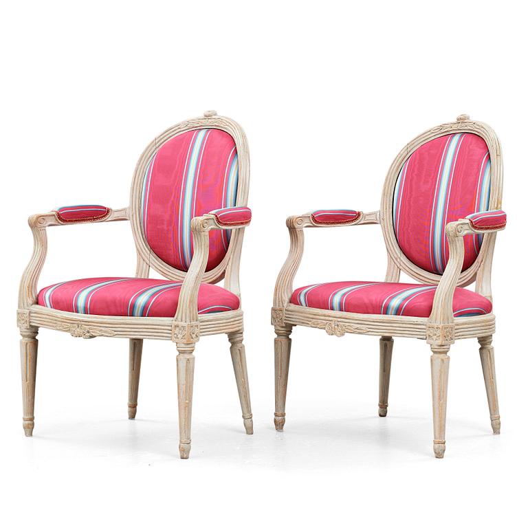 A pair of Gustavian late 18th century armchairs by Erik Öhrmark (master in Stockholm 1777-1814).