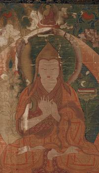 A finely painted Tibeto-Chinese thangka portraying Tsong Khapa, 18th/early 19th century.