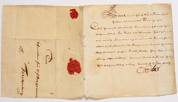 Karl XII, handwritten letter presumably to Colonel Henrik Falkenberg of Bålby, dated Lund 3 Jan 1718.