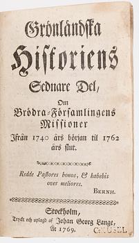 PARTI BÖCKER, 3 st, bl.a, "Grönländska historiens senare del, om Brödra-Församlingens missioner", Stockholm 1769.