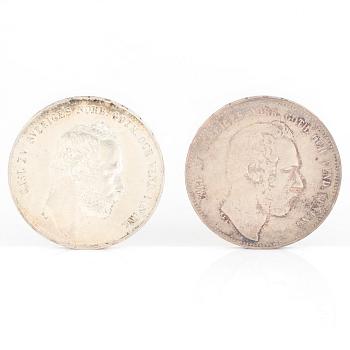 SILVERMYNT, 2 st, 4 Riksdaler Riksmynt, Karl XV av Sverige o Norge 1862 resp 1865. Vikt ca 68 gram.