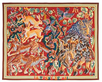 586. TAPESTRY. "La Trêve de Mai". Tapestry weave. 195 x 243,5 cm. Signed perrot 46 as well as a shield with a hand and R B.