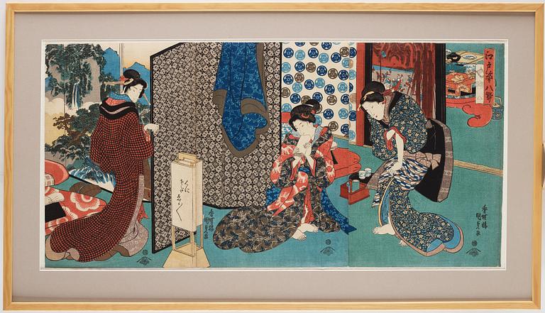 UTAGAWA KUNISADA, även kallad Toyokuni III (1786-1864), triptyk, färgträsnitt. Japan, Eight Views of Edo Figures".