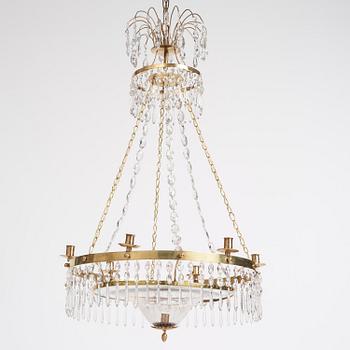 A late Gustavian gilt brass and cut glass seven-light chandelier, late 18th century.