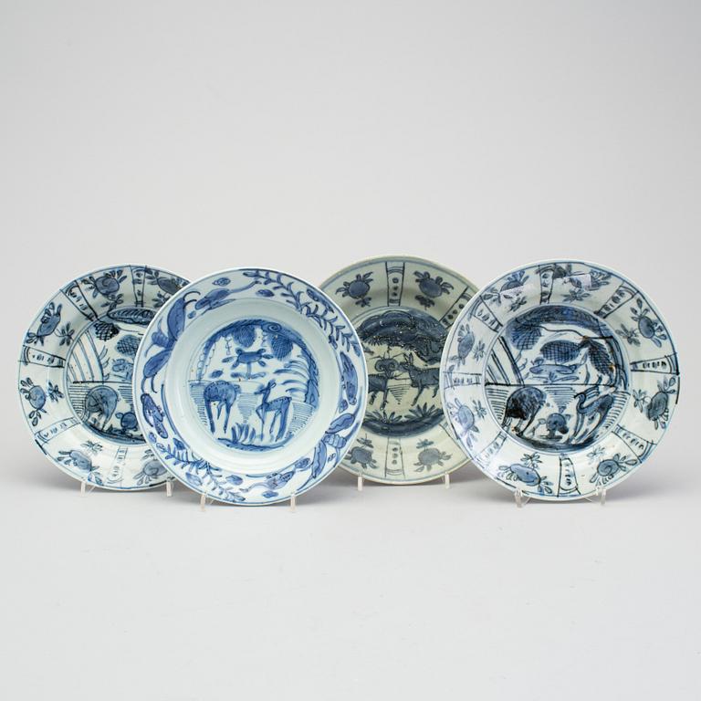 A group of four Chinese kraak porcelain plates, possibly Ming (1368-1644).