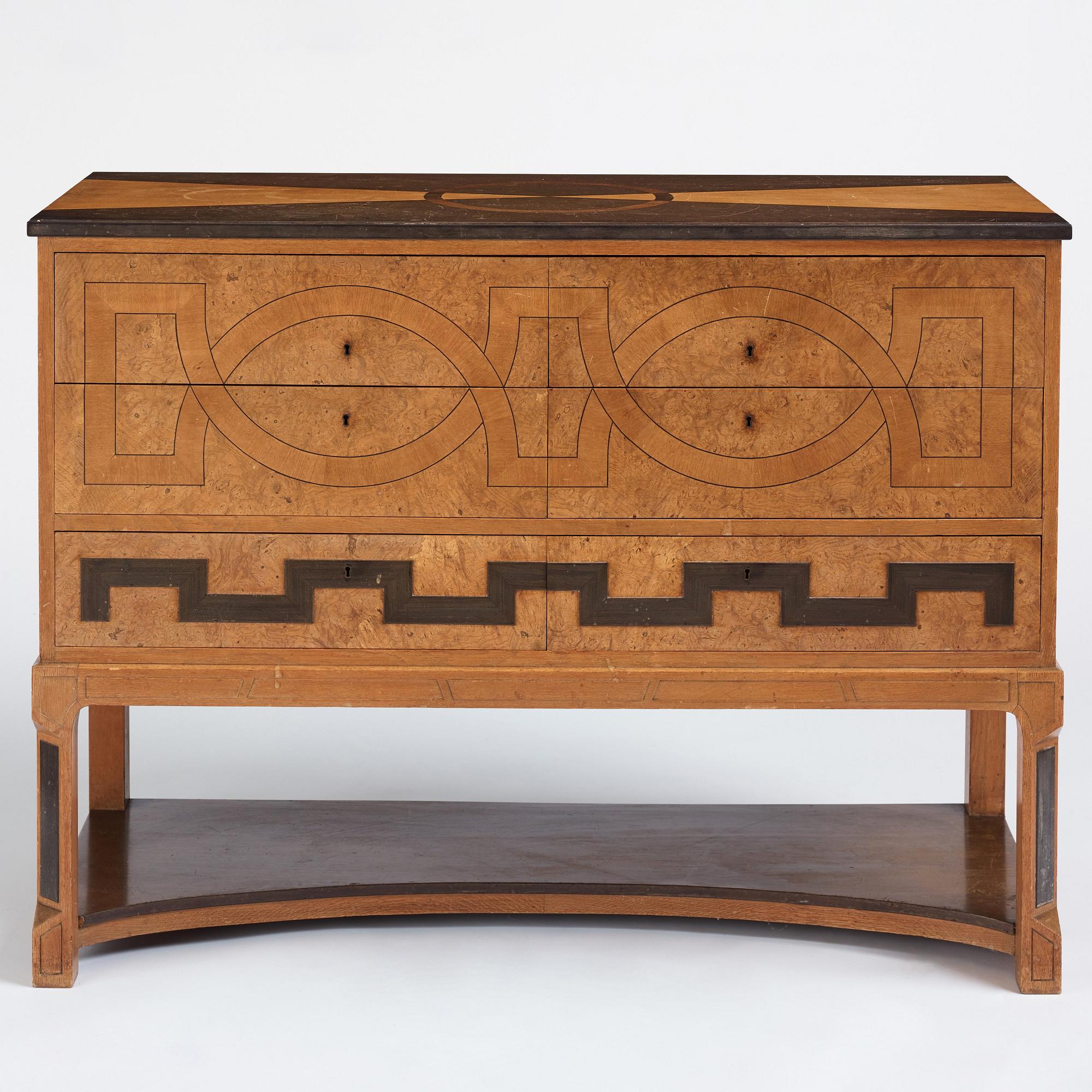 Carl Bergsten, an oak veneered sideboard/ chest of drawers, Nordiska Kompaniet Sweden 1923. Part of a set exhibited in Gothenburg 1923.