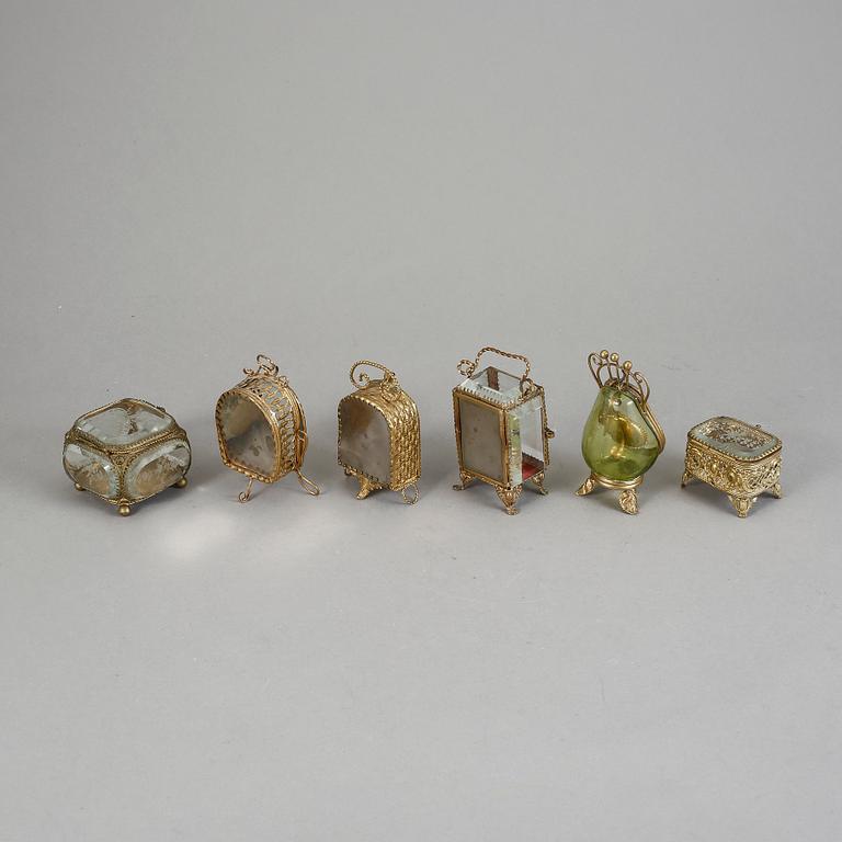 FICKURSSTÄLL, 6 st. mässing och glas. Omkring 1900.