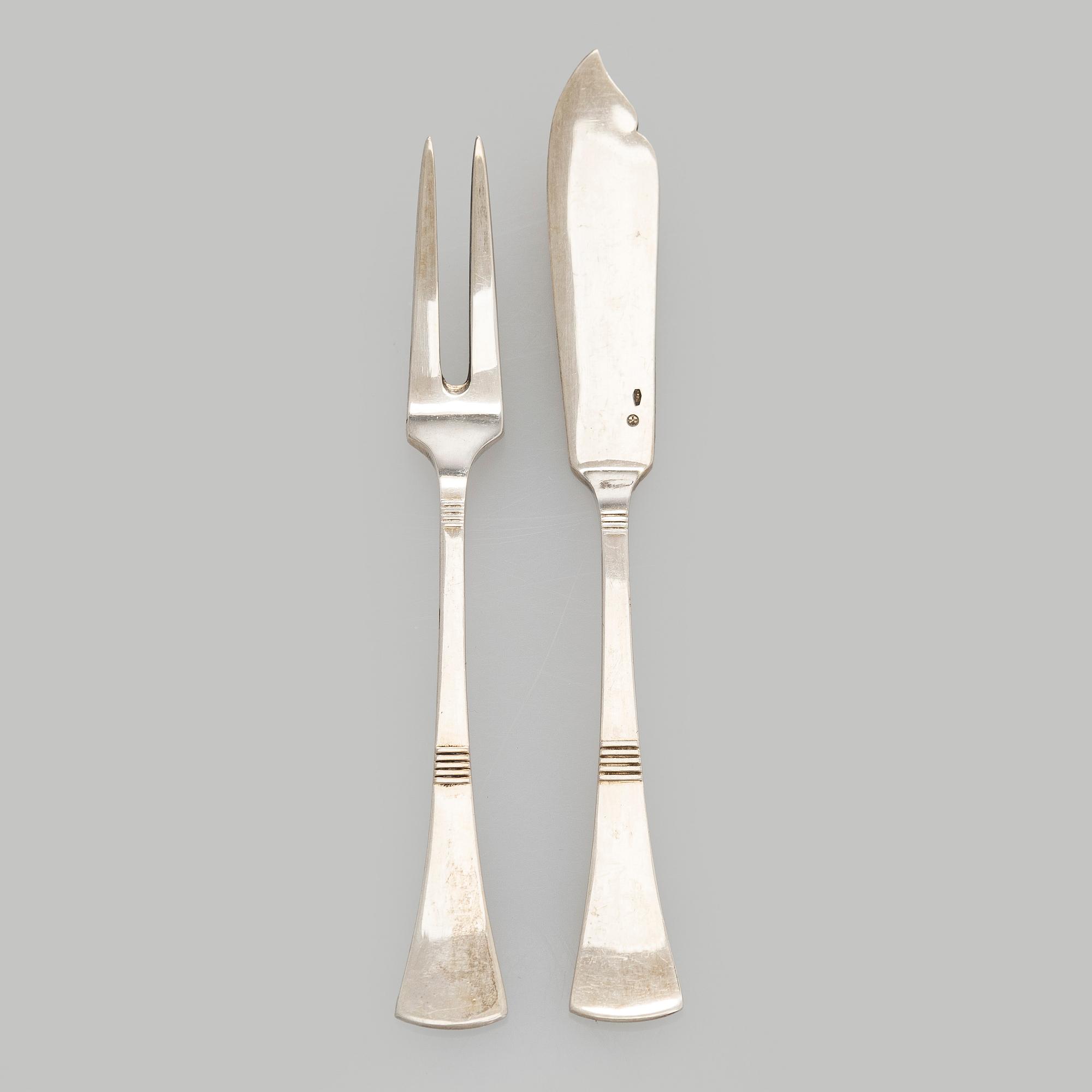 Serving platter, silver, Czechoslovakia, and twelve serving utensils, Alexander Sturm, Austria-Hungary, 1867-1941.