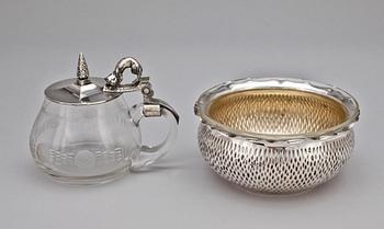 KARFF samt SKÅL, nysilver och glas, jugend, märkt WMF, omkr sekelskiftet 1900.