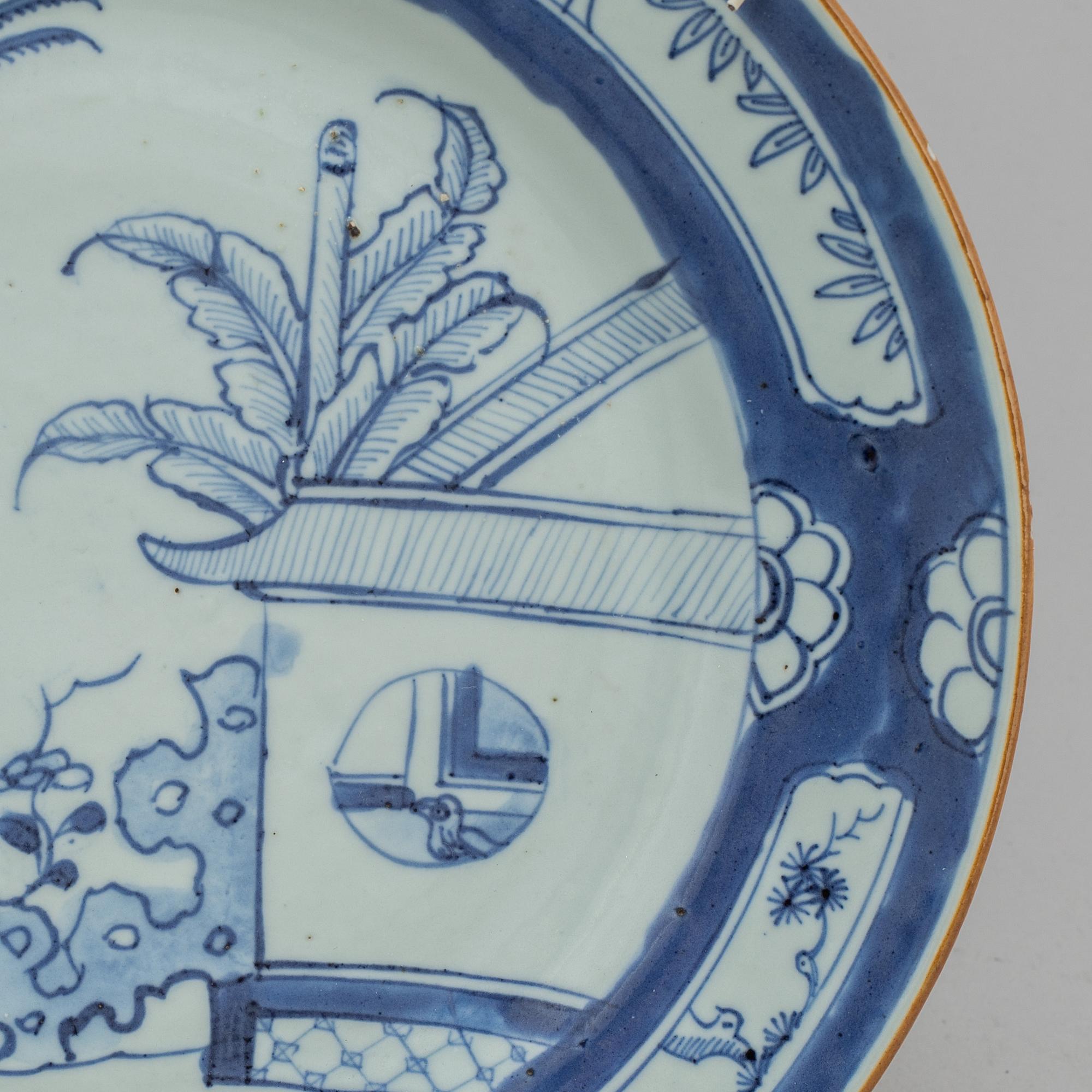 A blue and white dish, and three plates, Qing dynasty, 18th Century.