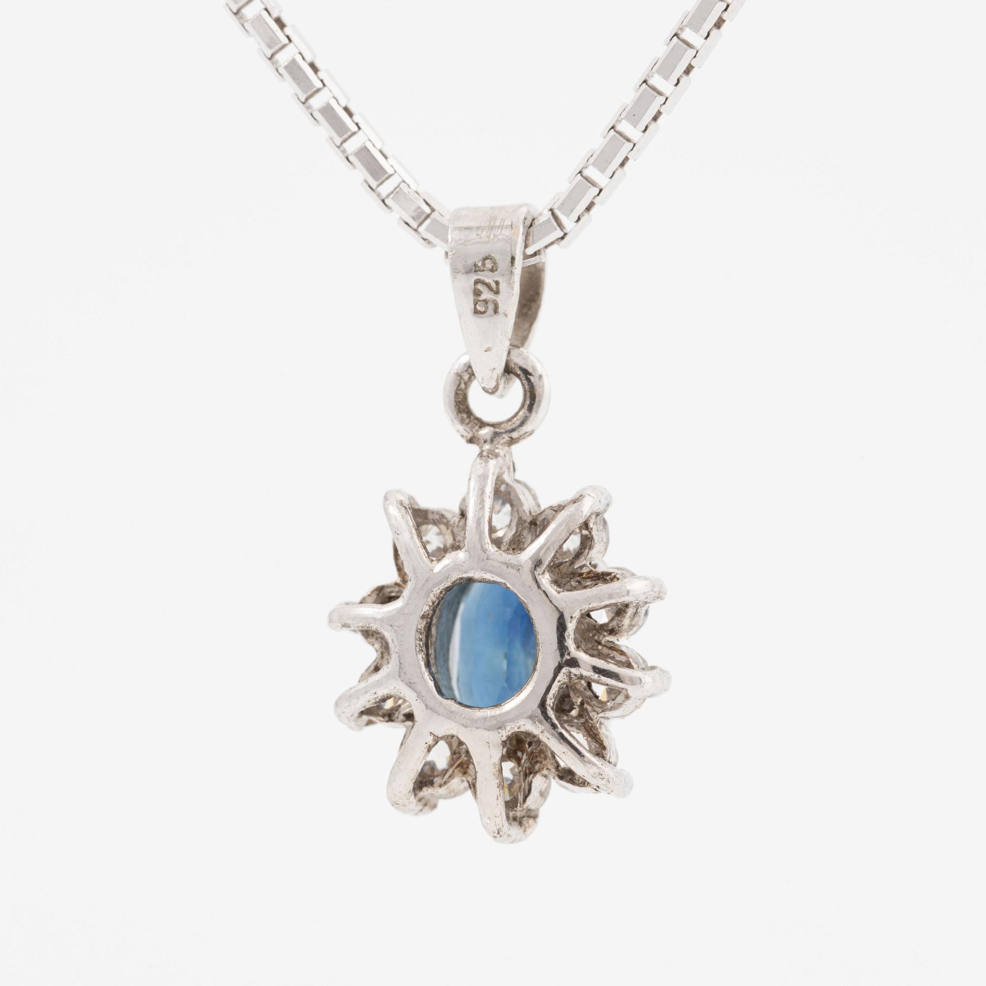 Earrings, a pair and a pendant with chain, silver.